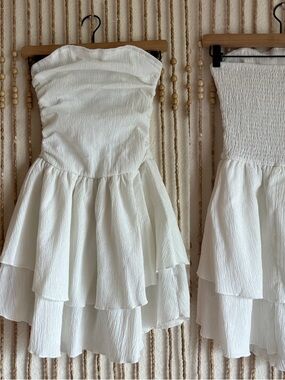 Cider White Ruffle Strapless Draped Front Coquette Western Summer Dress